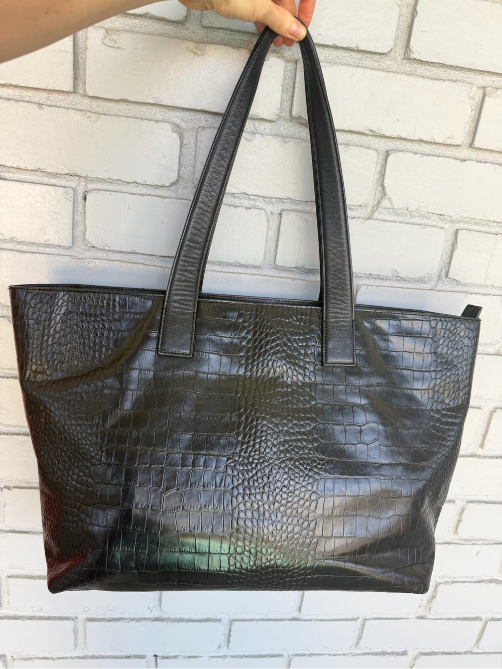 Vintage Nordstrom Black Genuine Leather Croc Embossed Large Tote Shoulder Bag 18